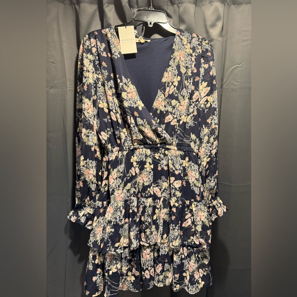 Promesa Navy Floral V-Neck Dress with Pink & Cream Blooms
